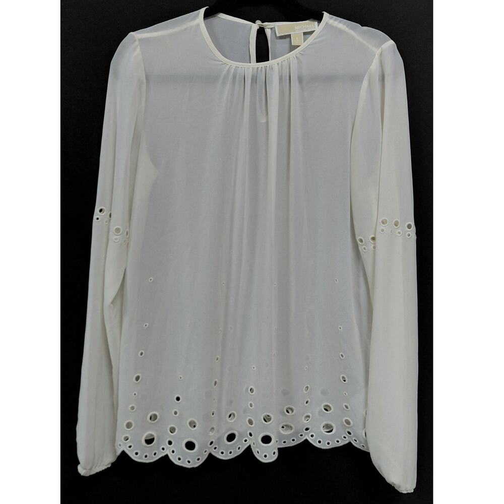 MICHAEL MICHAEL KORS Eyelet Trim Blouse White Solid  Long Sleeve Size S